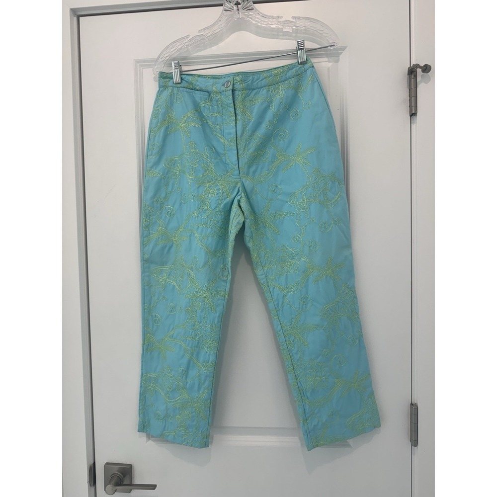 Lilly Pulitzer Vintage Embroidered Vines Capri Pants Preppy Blue Green Sz 4 - Picture 2 of 8